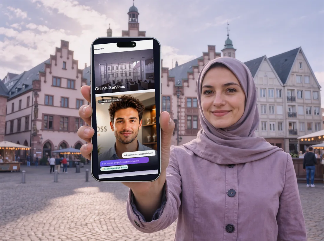 Heller Bürgerservice mit Schaltern und historischer Fassade im Hintergrund