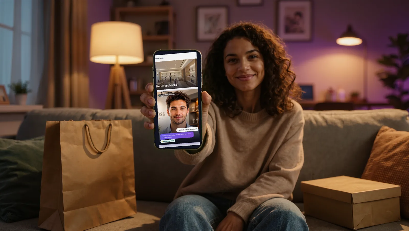 Frau auf dem Sofa, auf dem Smartphone berät der WelcomeAgent im Onlineshop